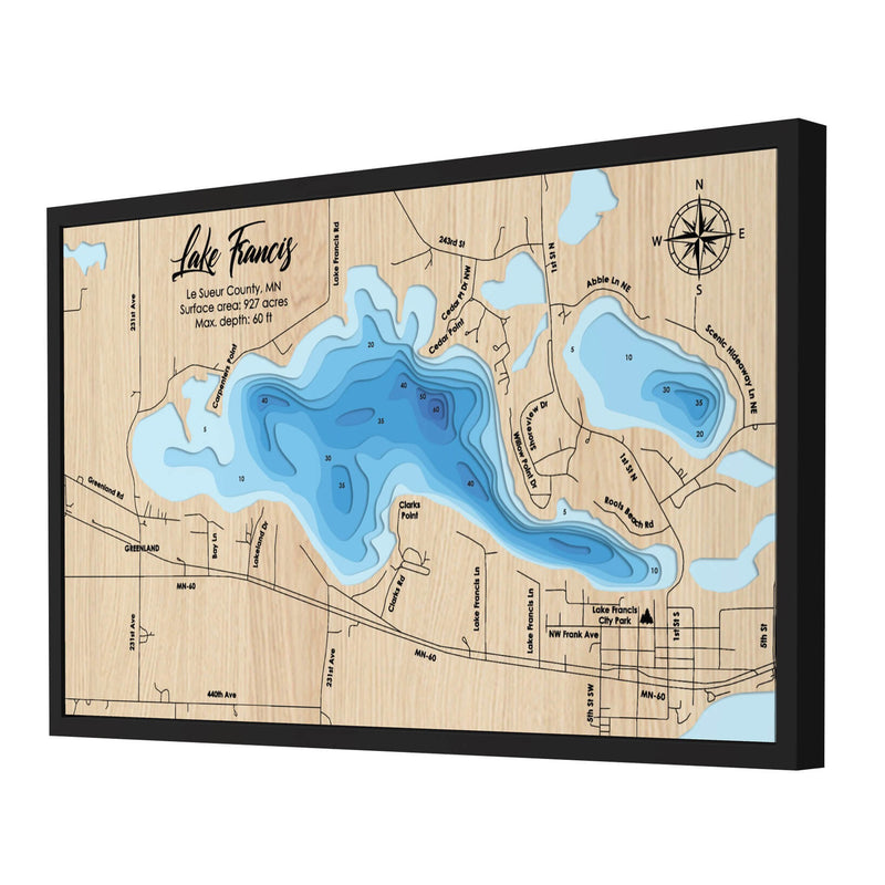 Lake Frances personalized 3D depth wooden map with deep effect