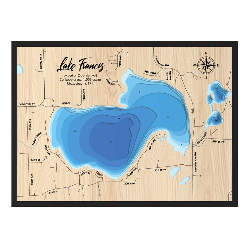 Lake Francis personalized 3D depth wooden map with deep effect