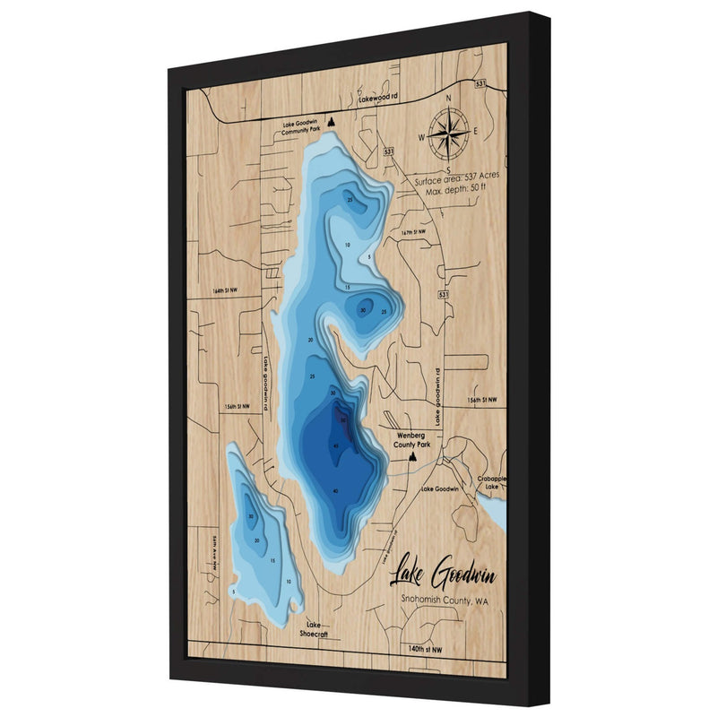 3D Wooden Lake Goodwin Map Wall Art showcasing detailed topography, a unique piece by Moc Tho