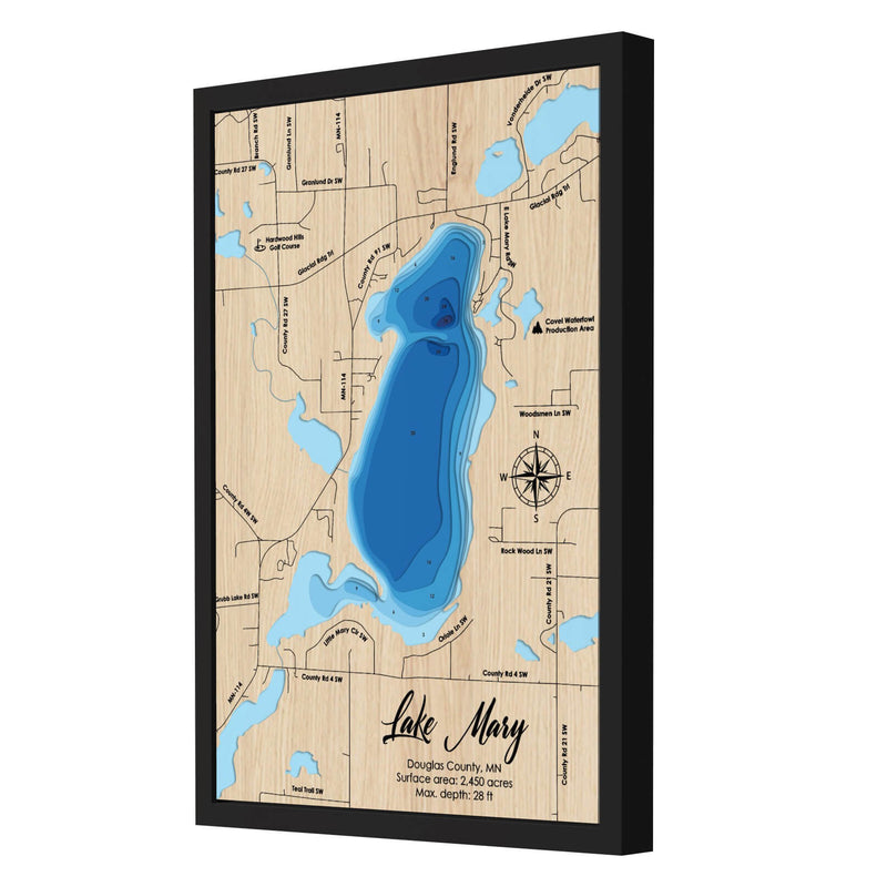 Lake Mary personalized 3D depth wooden map with deep effect