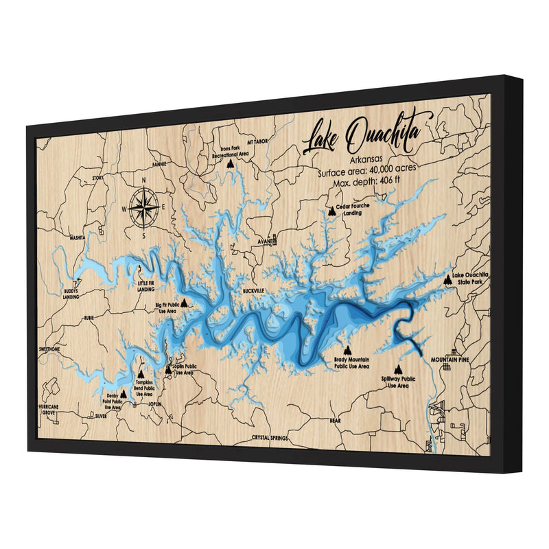 Lake Ouachita personalized 3D depth wooden map with deep effect
