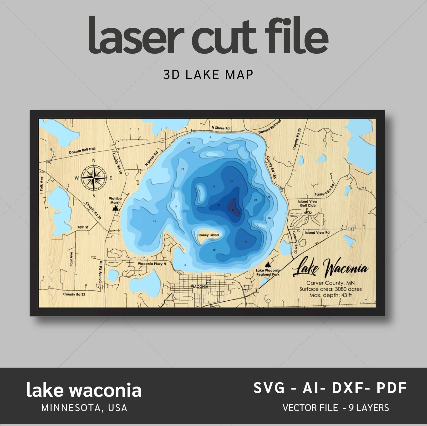 Carver Lake Park Trail Map Lake Waconia, Minnesota 3D Laser Map