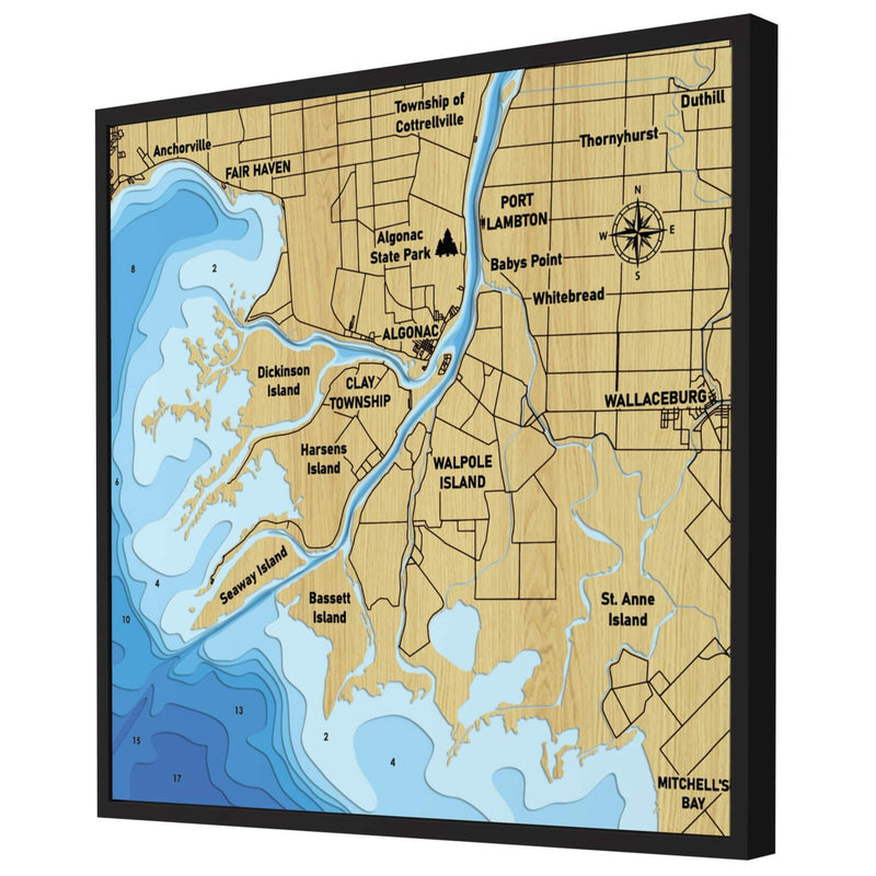 3D Wooden St Clair River Map Wall Art showcasing detailed topography, a unique piece by Moc Tho