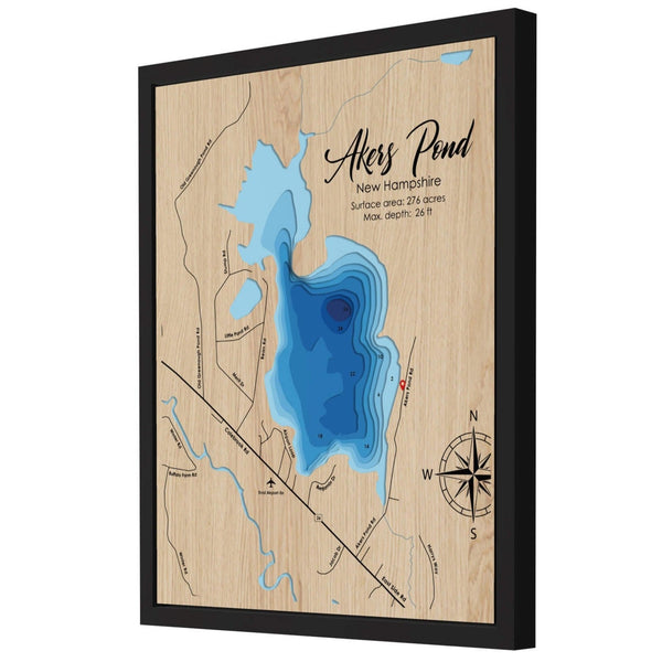 Moc Tho’s Akers Pond 3D Wooden Map, detailed etchings, water depth indicators, and artistic design