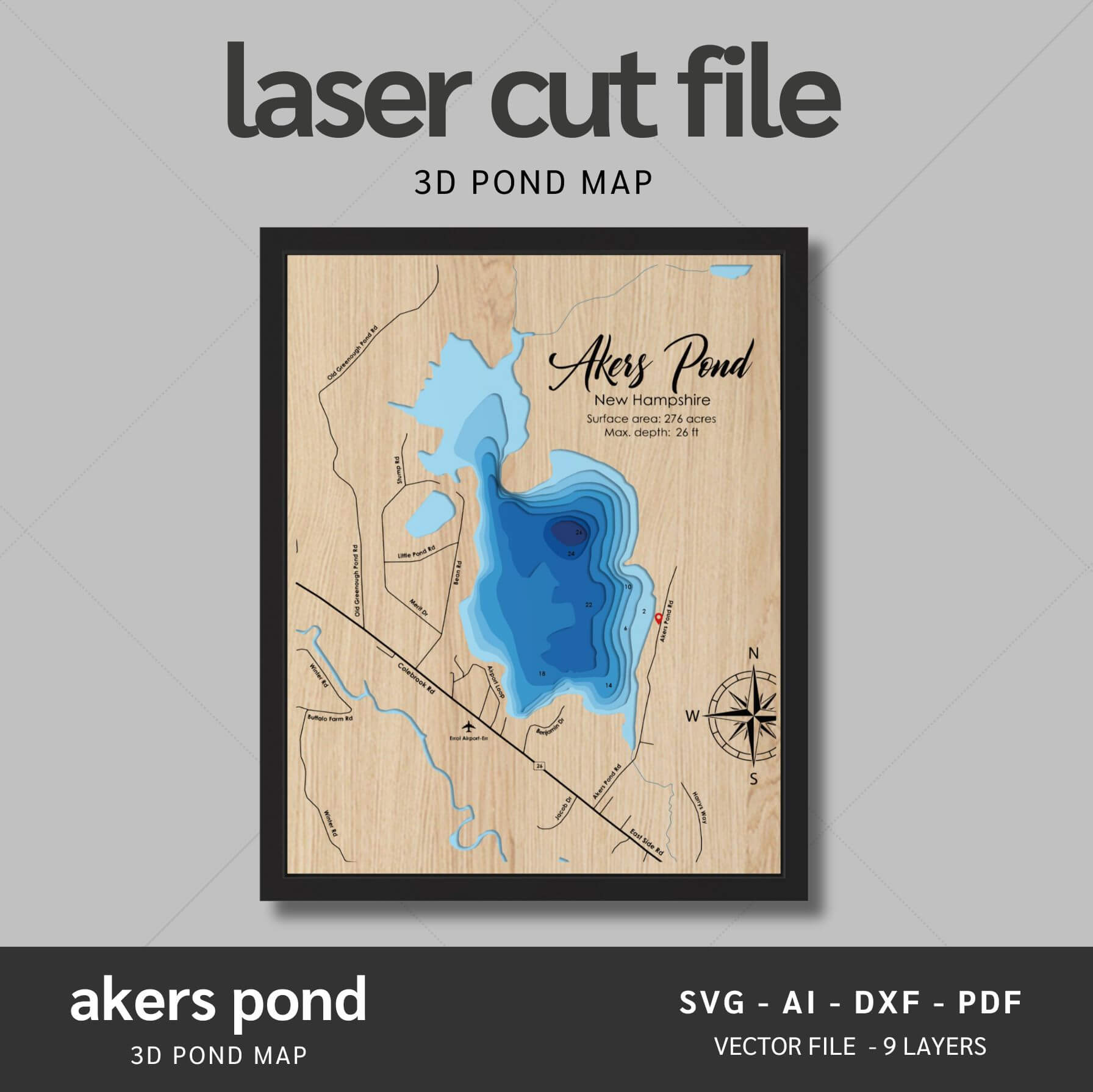 Akers Pond, New Hampshire Laser Map Files - 9 Layers - Svg/Ai/Dxf/Pdf ...