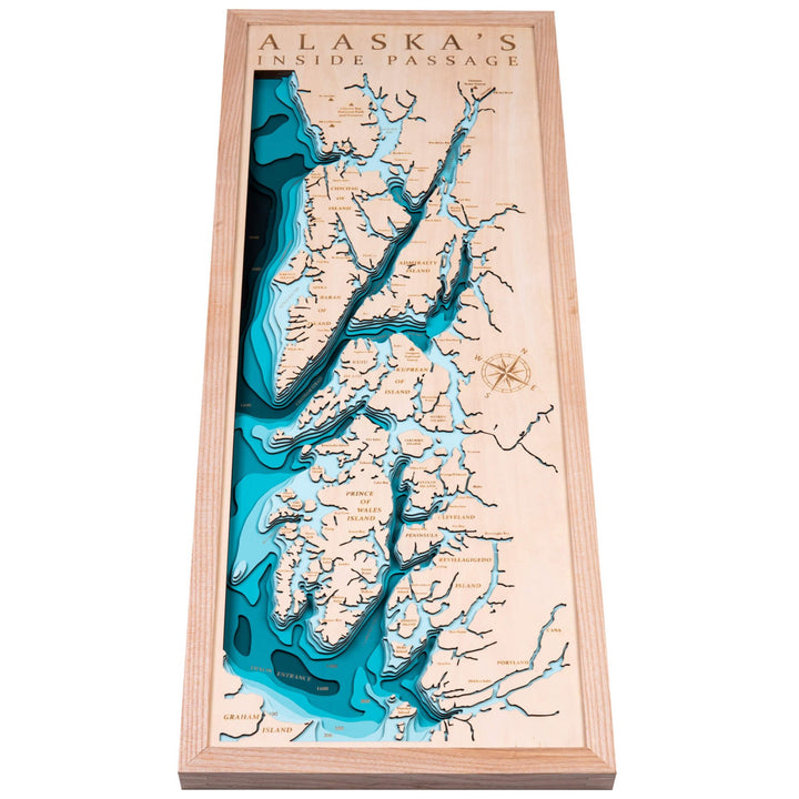 3D Wooden Map of Alaska Inside Passage, detailed topography, artistic wall decor by Moc Tho