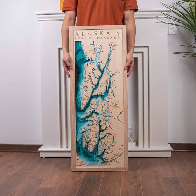 Exquisite 3D Laser Cut Alaska Inside Passage Wooden Map, a masterpiece by Moc Tho