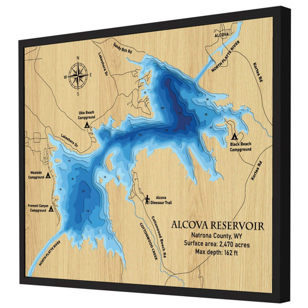 Moc Tho’s Alcova Reservoir 3D Wooden Map, precision-crafted, educational wall decor