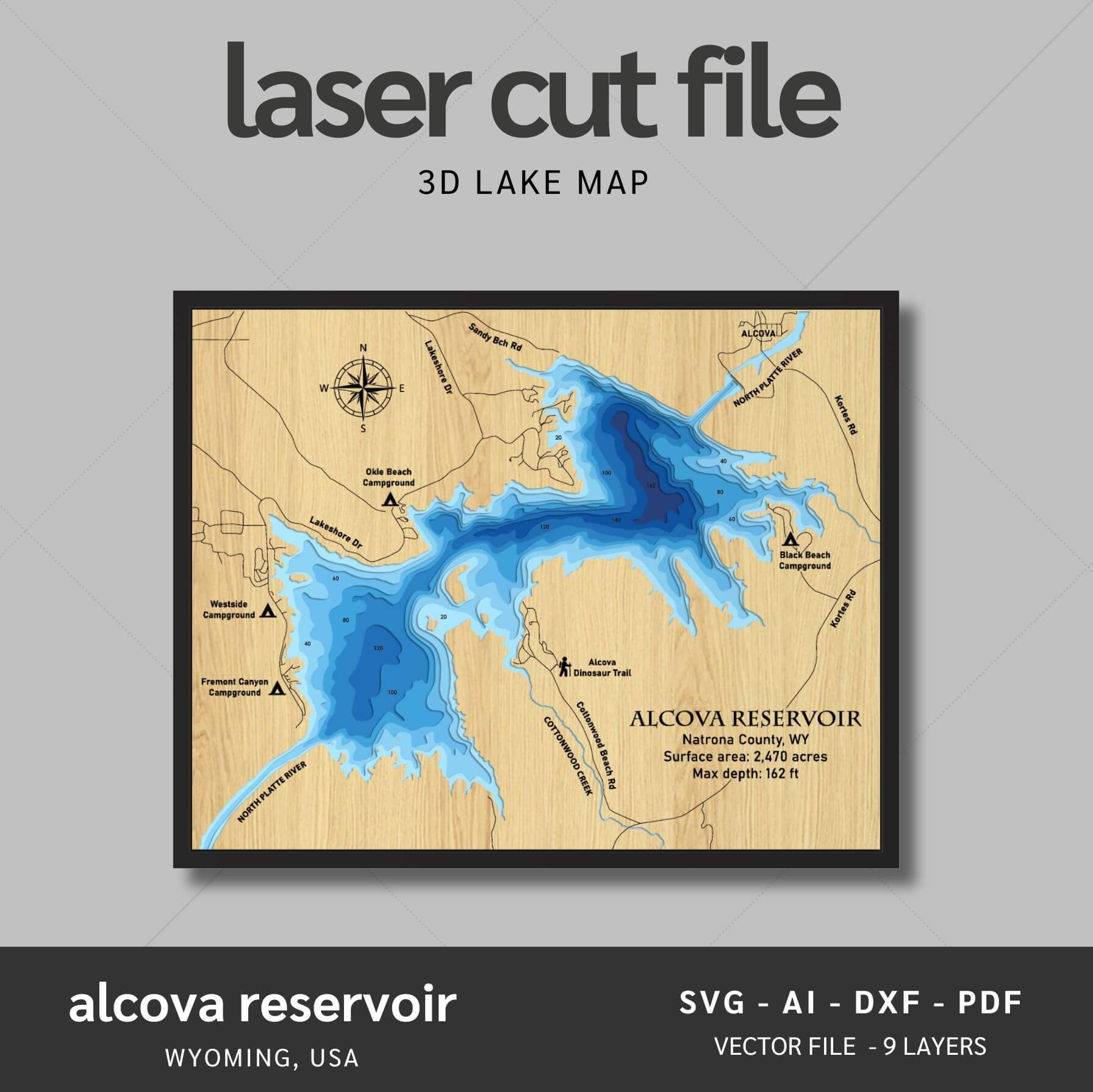 Alcova Reservoir, Wyoming Laser Map Files - 9 Layers - Svg/Ai/Dxf/Pdf ...