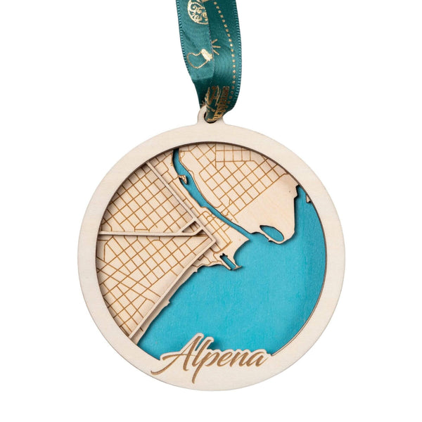 Alpena, Michigan USA 3D Wooden City Map Ornament – 4.5’’x4’’ - Blue