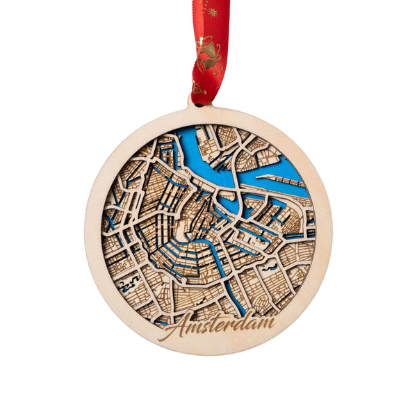 Amsterdam, Netherlands 3D Wooden City Map Ornament – 4.5’’x4’’ - Blue