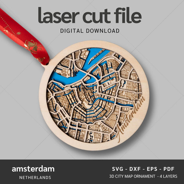 Amsterdam, Netherlands City Map Ornaments Files - 4 Layers - Svg/Ai/Dxf/Pdf