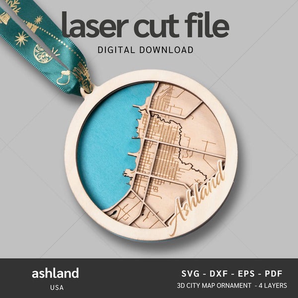 Ashland, Oregon USA City Map Ornaments Files - 4 Layers - Svg/Ai/Dxf/Pdf