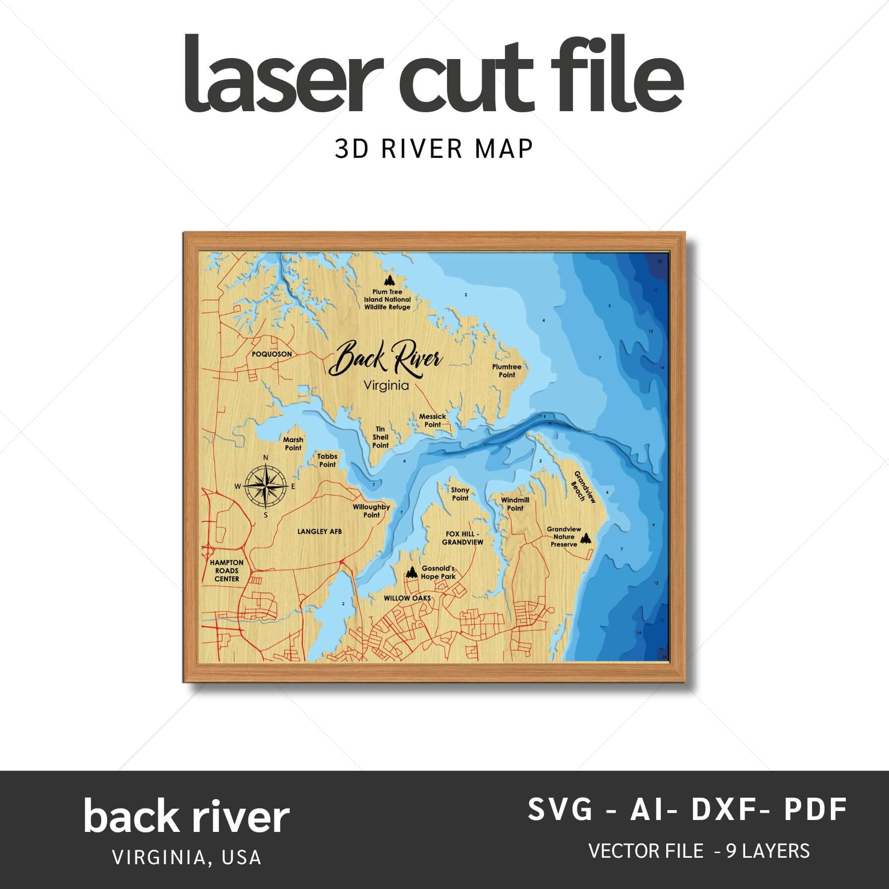 Back River, Virginia Laser Map Files - 9 Layers - Svg/Ai/Dxf/Pdf – Moc Tho