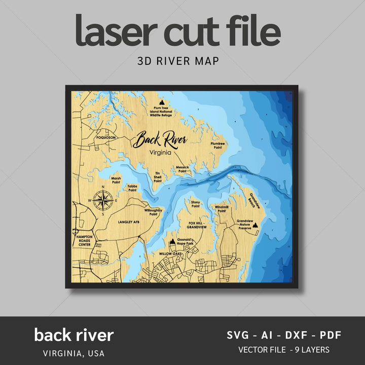 Float Back Map.pdf Back River, Virginia Laser Map Files - 9 Layers - Svg/Ai/Dxf/Pdf – Moc Tho