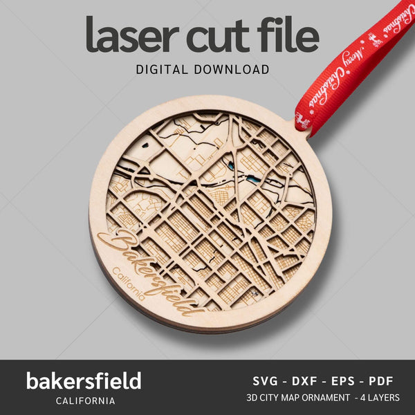 Bakersfield, CA City Map Ornaments Files - 4 Layers - Svg/Ai/Dxf/Pdf