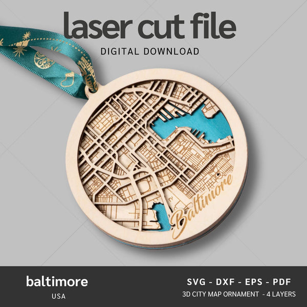 Baltimore, Maryland USA City Map Ornaments Files - 4 Layers - Svg/Ai/Dxf/Pdf