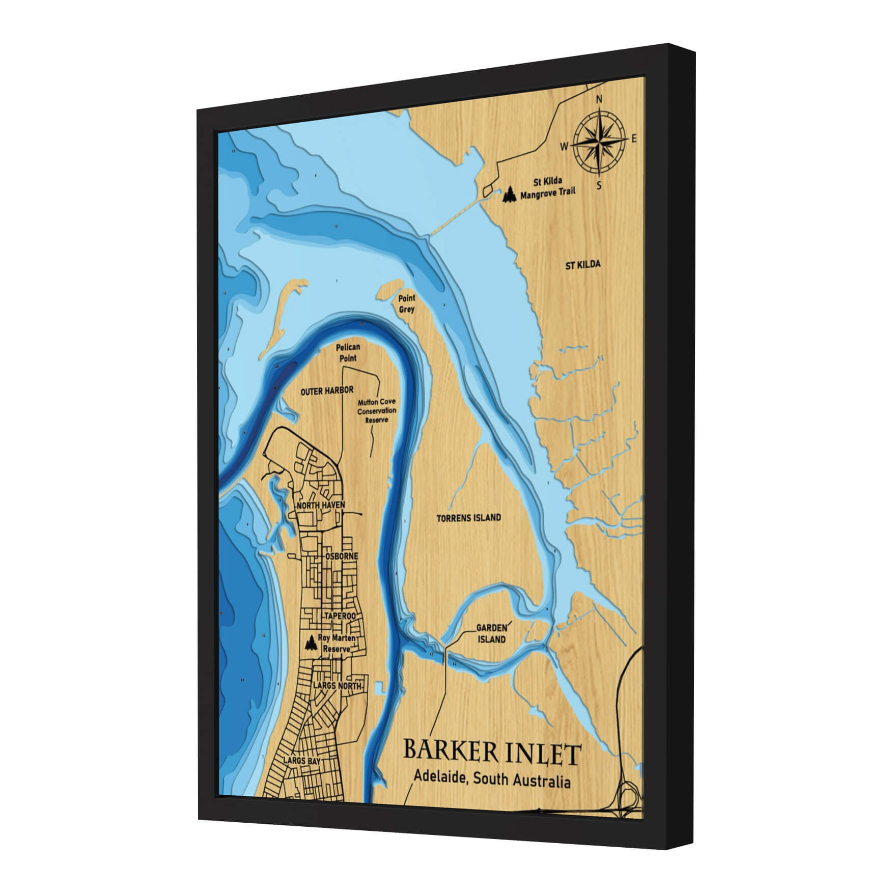 Barker Inlet, Australia 3D Wooden Map - Blue – 9 Layers – Moc Tho LLC