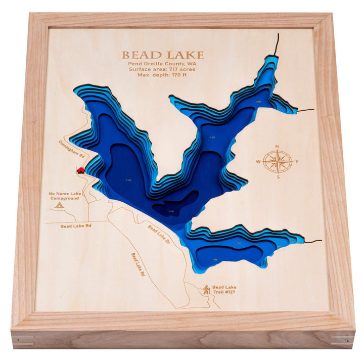 Showcasing a Custom 3D Wooden Map of Bead Lake, intricately detailed, available as wall art by Moc Tho