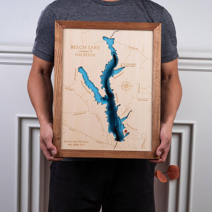 3D Wooden Beech Lake Map, intricately detailed, perfect for wall art by Moc Tho