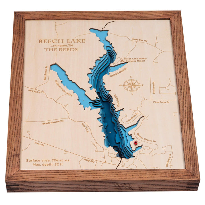 3D Wooden Beech Lake Map with intricate details and depth, framed in dark wood, available at Moc Tho