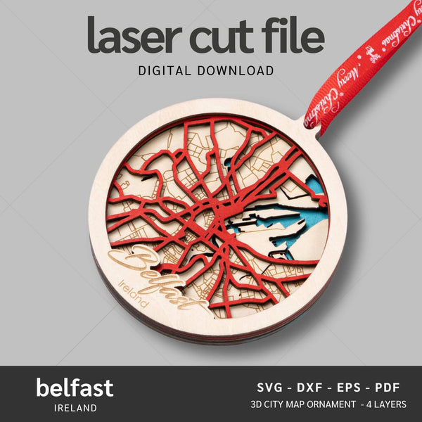 Belfast, Ireland City Map Ornaments Files - 4 Layers - Svg/Ai/Dxf/Pdf