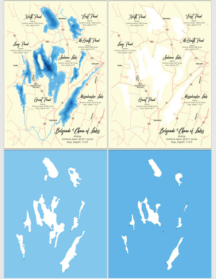 Belgrade chain of Lakes, Maine Laser Map Files - 8 Layers - Svg/Ai/Dxf ...
