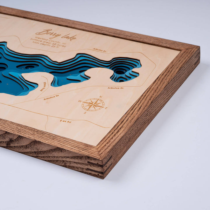 Corner view of a 3D Wooden Berry Lake Map with intricate layers, perfect for wall art by Moc Tho