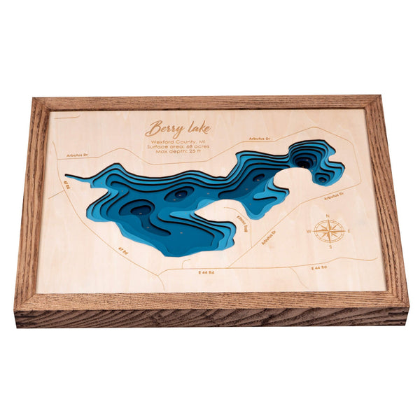 3D Wooden Berry Lake Map with topographic layers, framed in natural wood, available at Moc Tho