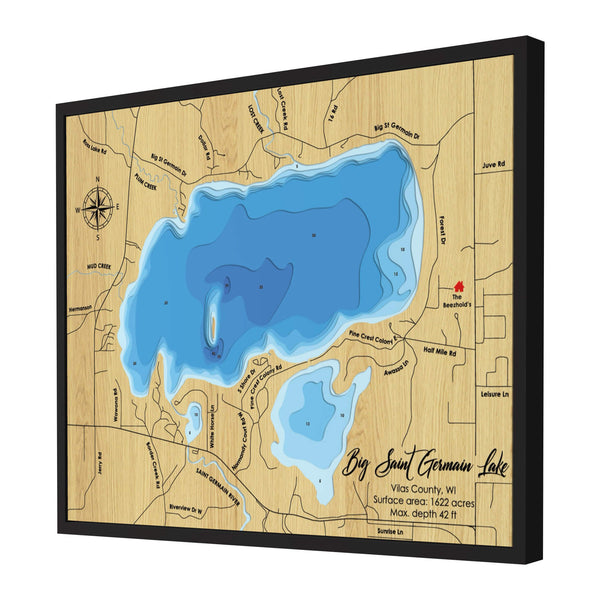 Big Saint Germain Lake Map - Personalized 3D Wooden Map - Depth Map Wall Art - Nautical Decor for Lake House