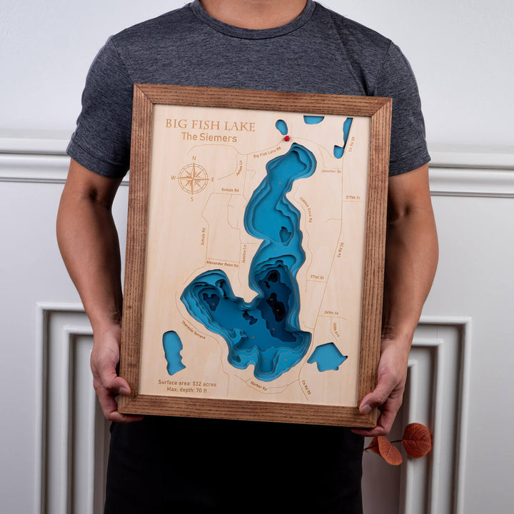 3D Wooden Big Fish Lake Map, intricately crafted, perfect for wall art by Moc Tho