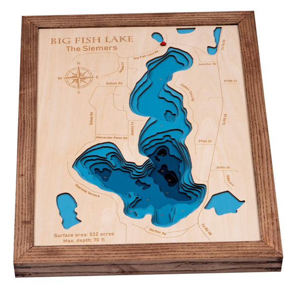 Custom 3D Wooden Map of Big Fish Lake, showcasing intricate topography and craftsmanship, by Moc Tho