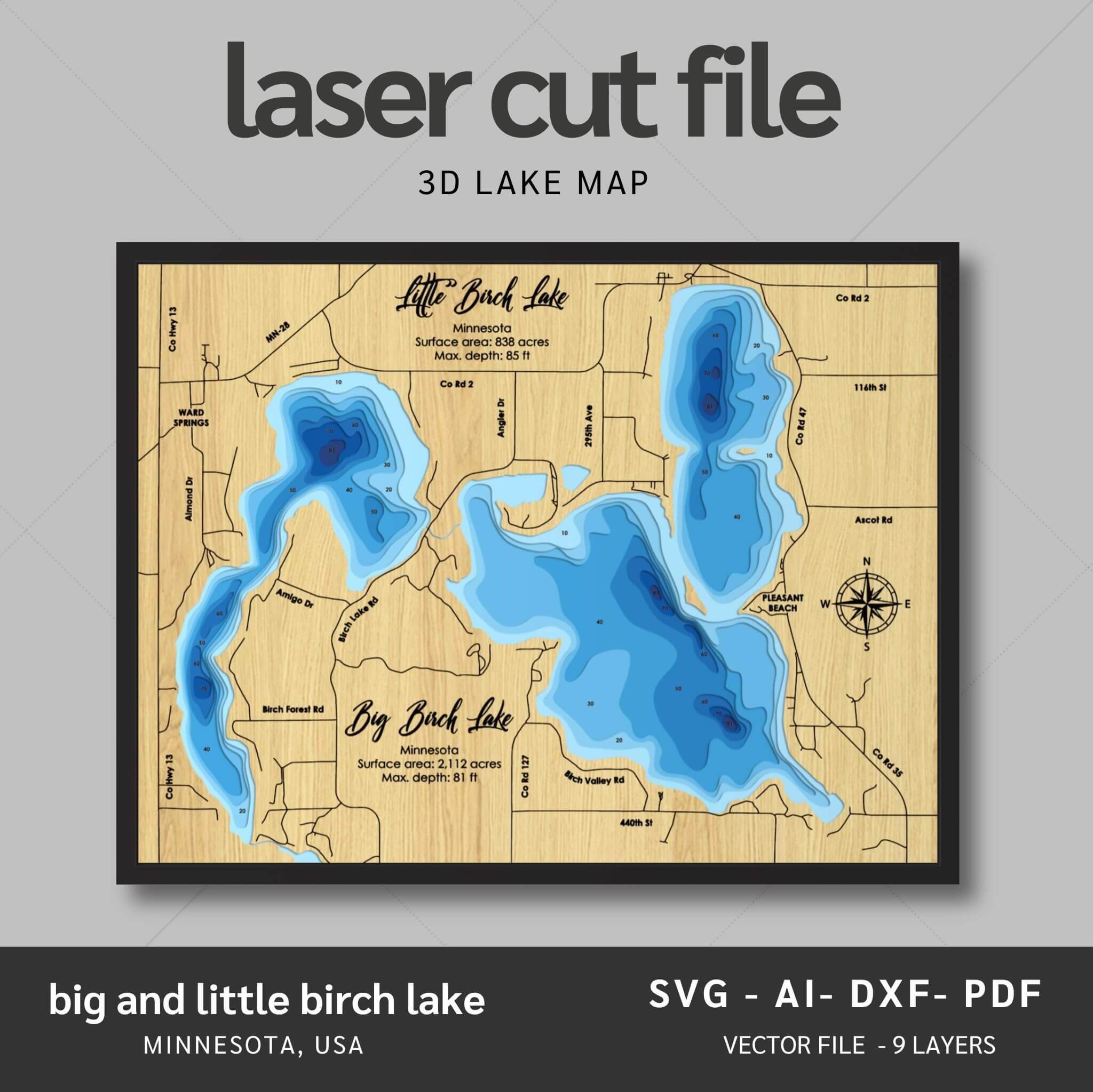 Big Little Birch Lake, Minnesota Laser Map Files - Svg/Ai/Dxf/Pdf – Moc ...