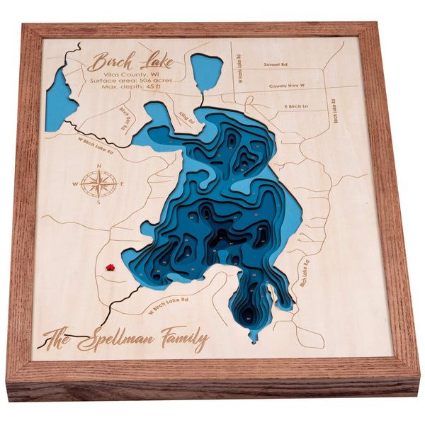 Birch Lake, WI 3D Wooden Map – Dark Blue – 8 Layers