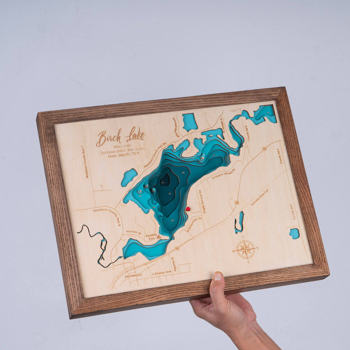 Birch Lake 3D Wooden Nautical Maps, handcrafted and detailed, a unique wall art piece by Moc Tho