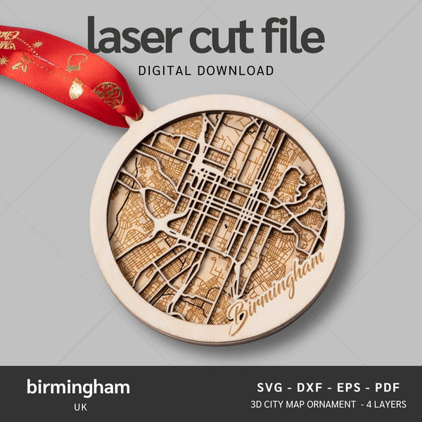 Birmingham, UK City Map Ornaments Files - 4 Layers - Svg/Ai/Dxf/Pdf