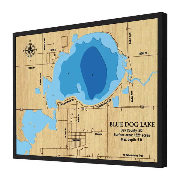 Blue Dog Lake Map, South Dakota - Personalized Wood Map - Depth Map Wall Art - Nautical Decor for Lake House