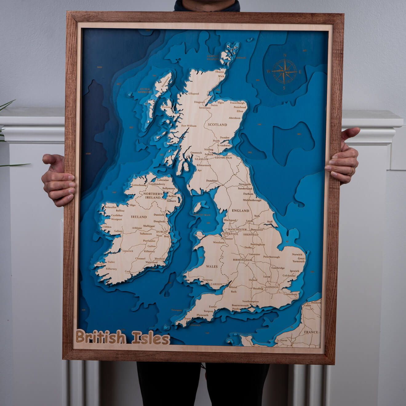 British Isles 3D Wooden Map – Dark Blue – 10 Layers – Moc Tho LLC
