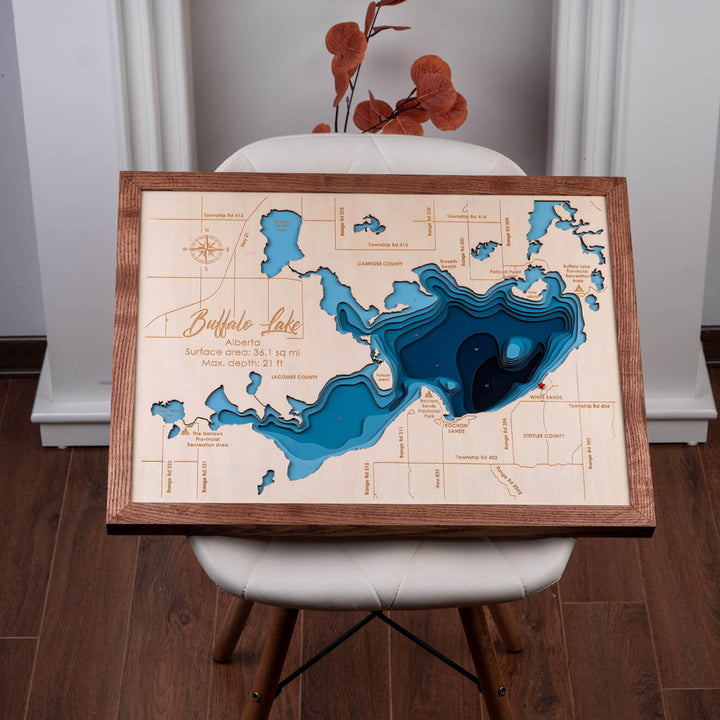 Intricate Buffalo Lake 3D Wooden Nautical Map Wall Art showcasing topographic details, by Moc Tho.