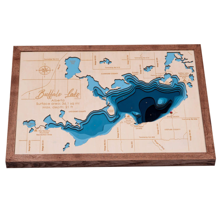 Buffalo Lake 3D Wooden Nautical Map Wall Art, showcasing detailed topography and craftsmanship by Moc Tho