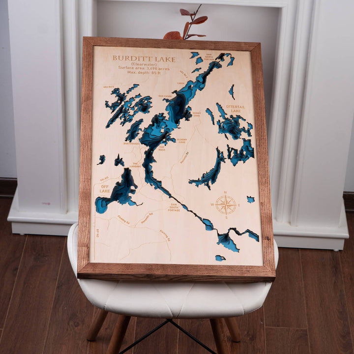 Exquisite 3D Wooden Burditt Lake Map Wall Art showcasing detailed topography, a unique piece by Moc Tho