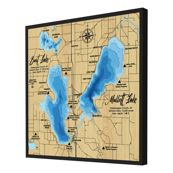 Burt Lake and Mullett Lake Map - Personalized 3D Wood Map - Depth Map Wall Art - Nautical Decor for Lake House