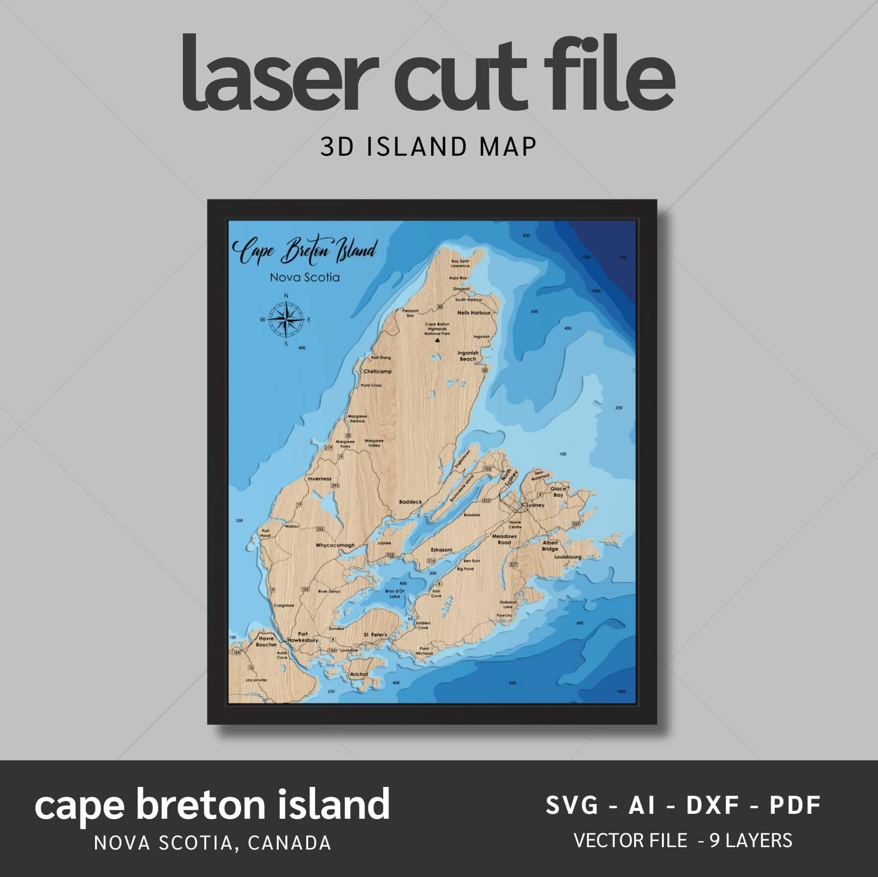 Cape Breton Island, Canada Laser Map Files - 9 Layers - Svg/Ai/Dxf/Pdf ...