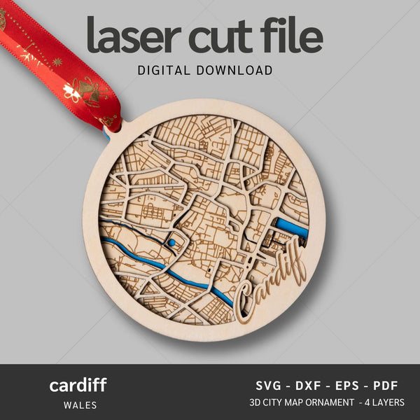 Cardiff, Wales City Map Ornaments Files - 4 Layers - Svg/Ai/Dxf/Pdf