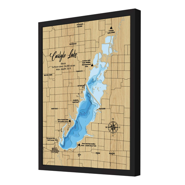 Carlyle Lake Map, Illinois - Personalized 3D Wooden Map - Depth Map Wall Art - Nautical Decor for Lake House