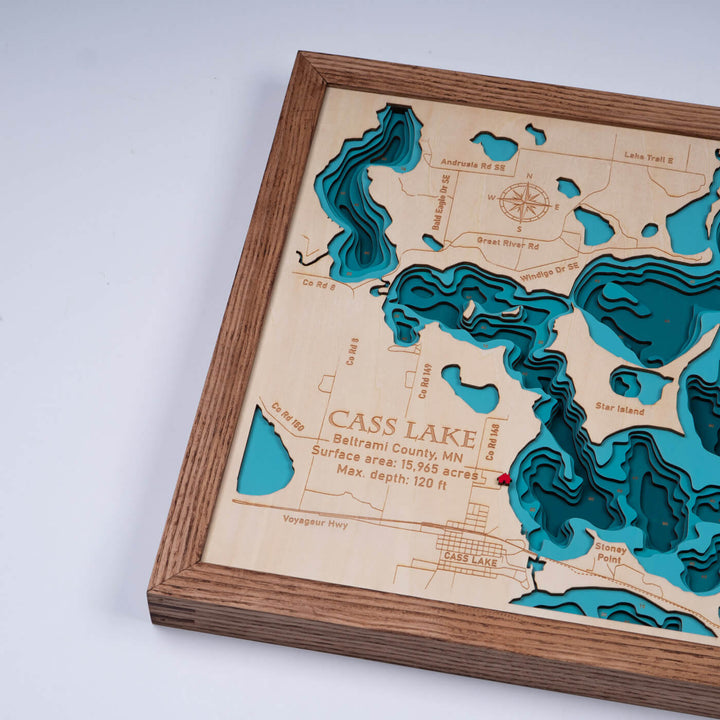 Discover the intricate details of the 3D Wooden Cass Lake Map with our Cass Lake Wooden Nautical Maps, by Moc Tho