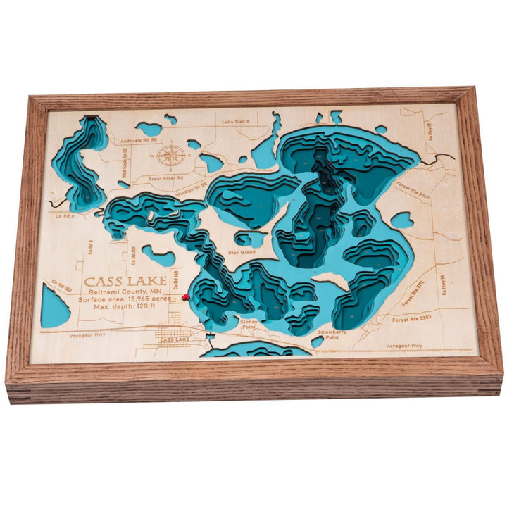 Experience the intricate topographic details of the 3D Wooden Cass Lake Map by Moc Tho