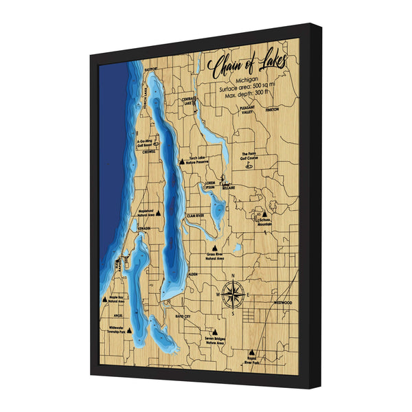 Chain of Lakes Map, Michigan - Personalized 3D Wood Map - Depth Map Wall Art - Nautical Decor for Lake House