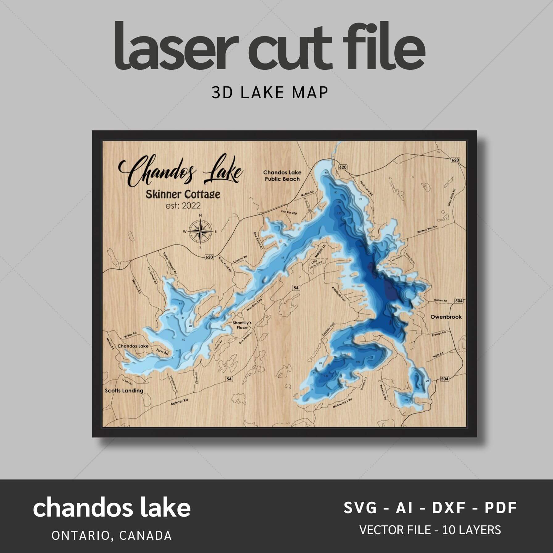 Chandos Lake, Ontario Laser Map Files - 10 Layers - Svg/Ai/Dxf/Pdf ...