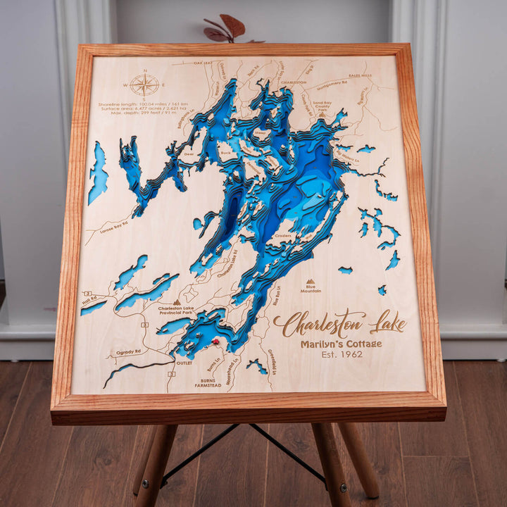 Experience the intricate water layers of the Charleston Lake 3D wooden map, beautifully detailed by Moc Tho